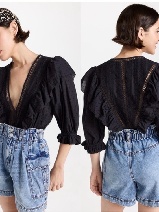 FARM Rio Tops - FARM Rio Black V-Neck Ruffle Lace Blouse Body Suit